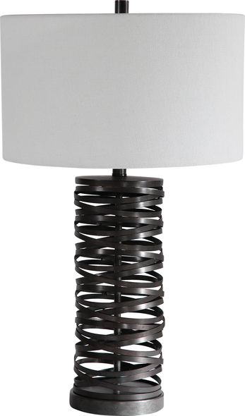 black and brass lamp Uttermost Alita Rust Black Table Lamp Add A Touch Of Industrial Flair With This Table Lamp That Features Overlapping Straps Of Metal Finished In A Aged Rust Black.