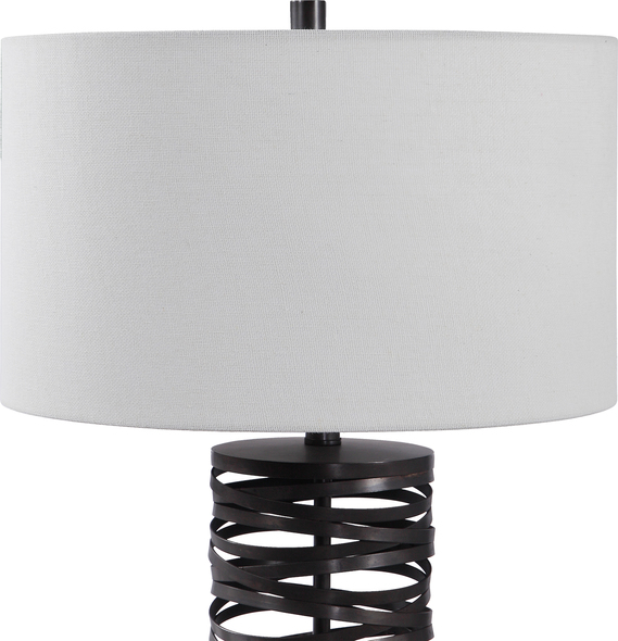 black and brass lamp Uttermost Alita Rust Black Table Lamp Add A Touch Of Industrial Flair With This Table Lamp That Features Overlapping Straps Of Metal Finished In A Aged Rust Black.