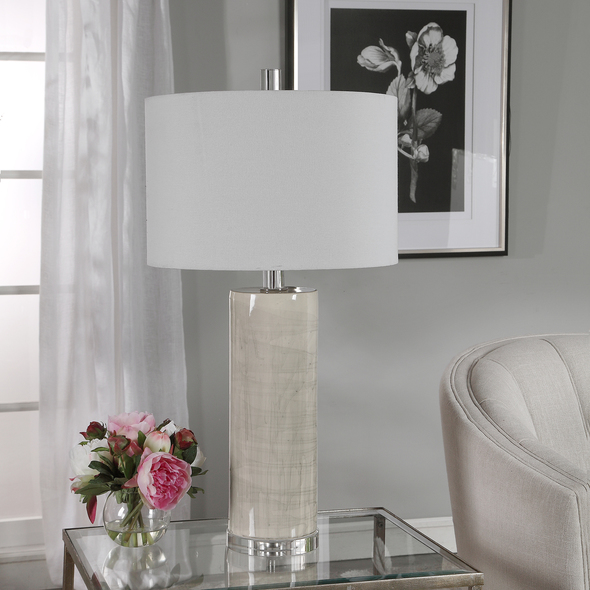 white glass lamp Uttermost Zesiro Modern Table Lamp Modern In Design, This Ceramic Table Lamp Showcases A Neutral Beige Glaze With An Abstract Gray Drip Pattern, Paired With Elegant Crystal Details And Polished Nickel Plated Accents.