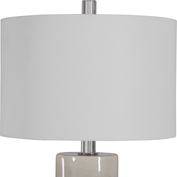white glass lamp Uttermost Zesiro Modern Table Lamp Modern In Design, This Ceramic Table Lamp Showcases A Neutral Beige Glaze With An Abstract Gray Drip Pattern, Paired With Elegant Crystal Details And Polished Nickel Plated Accents.