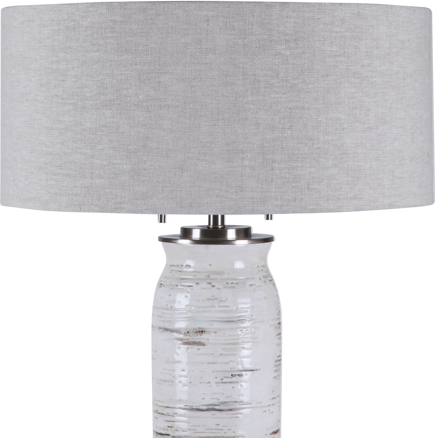 small glass light bulb covers Uttermost White Table Lamp Inspired By The Bark Of A Birch Tree, This Table Lamp Features A Ceramic Base Finished In Off-white With Rust-colored Accents And Noticeable Texture And Distressing. The Piece Also Has A Crystal Foot And Brushed Nickel Details.
