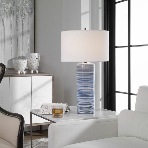 Uttermost Striped Table Lamp Table Lamps Showcasing Trendy White And Indigo Hues, This Ceramic Table Lamp Has A Striped Glaze With Polished Nickel Accents.