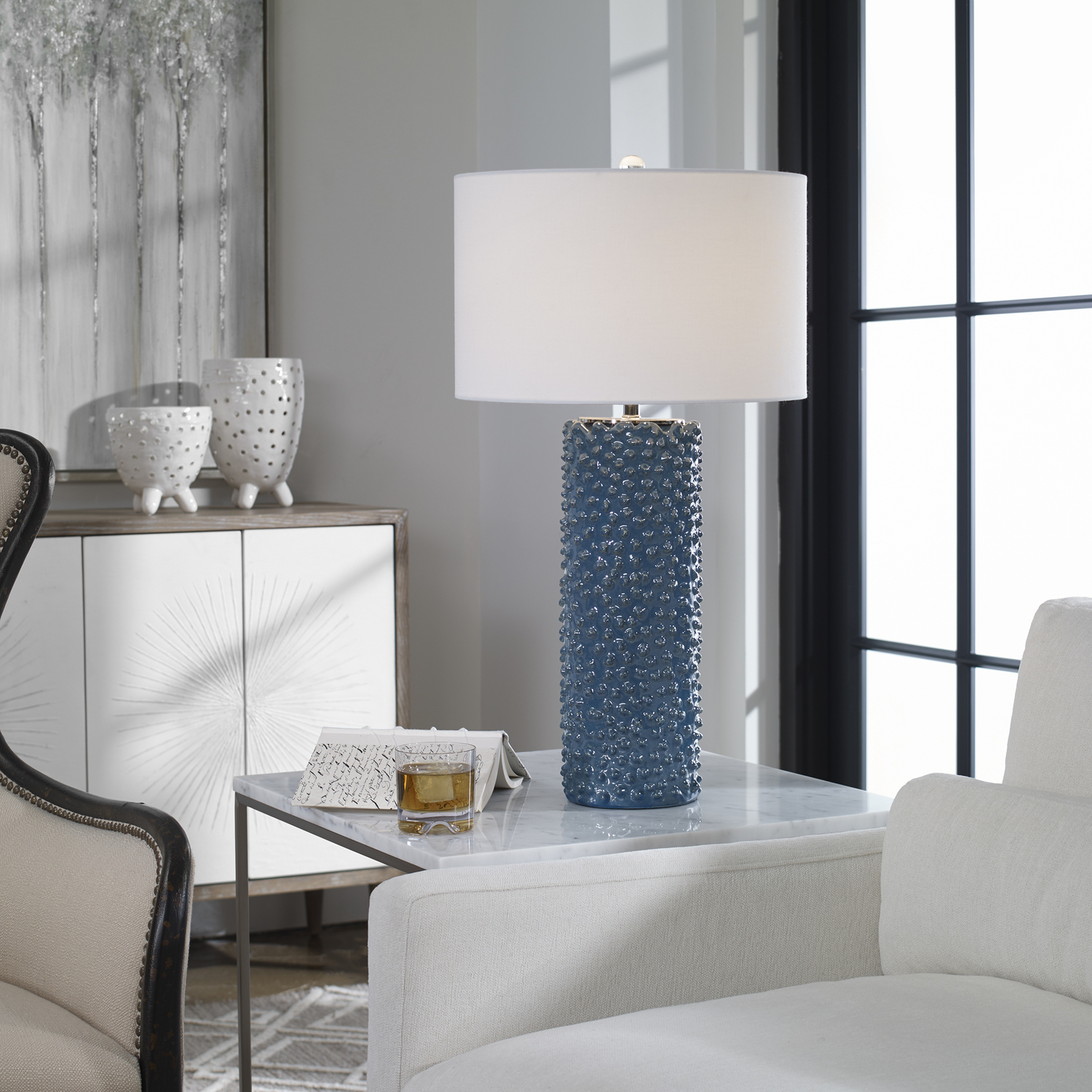 black led table lamp Uttermost Blue Table Lamp Featuring A Casual Coastal Style, This Table Lamp Showcases Textural, Visual Interest Finished In A Deep Indigo Glaze With Brushed Nickel Accents And A Crystal Finial.