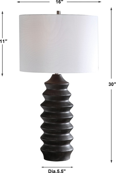 Uttermost Modern Table Lamp Table Lamps Showcasing A Modern Lodge Style, This Table Lamp Features A Carved Wood Base Finished In A Rustic Black Stain Exposing Subtle Wood Grain.
