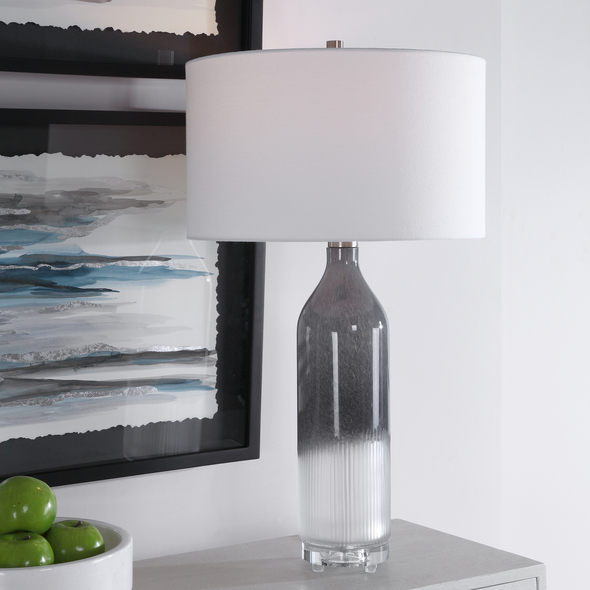 Uttermost Art Glass Table Lamp Table Lamps Perfect For Any Room Style, This Art Glass Table Lamp Features A Transitional Style With An Light Gray And Frosted White Ombre Look, Displayed On A Thick Crystal Foot Accented With Brushed Nickel Details.