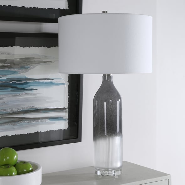 Uttermost Art Glass Table Lamp Table Lamps Perfect For Any Room Style, This Art Glass Table Lamp Features A Transitional Style With An Light Gray And Frosted White Ombre Look, Displayed On A Thick Crystal Foot Accented With Brushed Nickel Details.