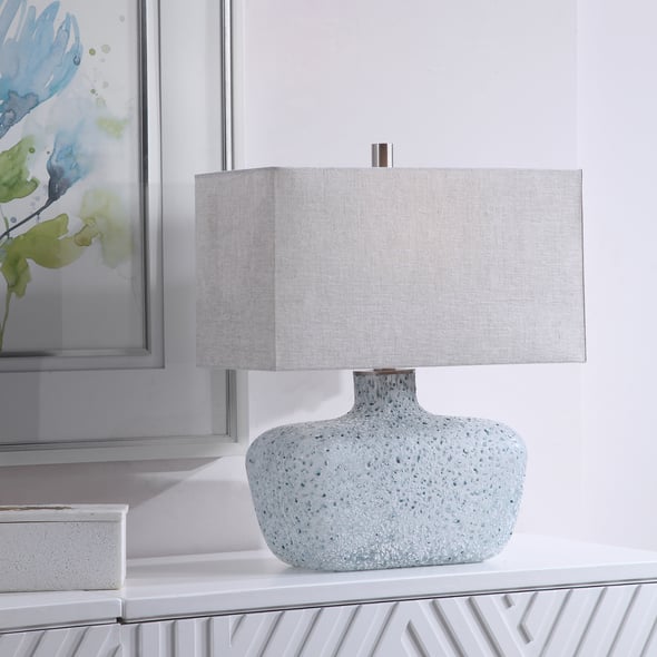 Uttermost Textured Glass Table Lamp Table Lamps This Table Lamp Features A Heavily Textured Art Glass Base With A Handcrafted Look In Mottled Highlights Of Blue-green, Covered In An Aged White Frosted Glaze, Paired With Brushed Nickel Plated Details.
