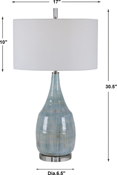 small beige lamp shade Uttermost Coastal Table Lamp Showcasing A Refined Coastal Style, This Table Lamp Has A Ceramic Base Finished In An Aqua And Teal Crackle Glaze With Touches Of Rust Brown. Polished Nickel And Crystal Accents Highlight The Design.