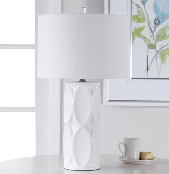 vintage glass globe light fixture Uttermost White Table Lamp This Ceramic Table Lamp Showcases A Touch Of Mid-century Style With A Dimensional Geometric Design Finished In A Glossy White Glaze, Accented With Brushed Nickel Neck And A Crystal Finial.
