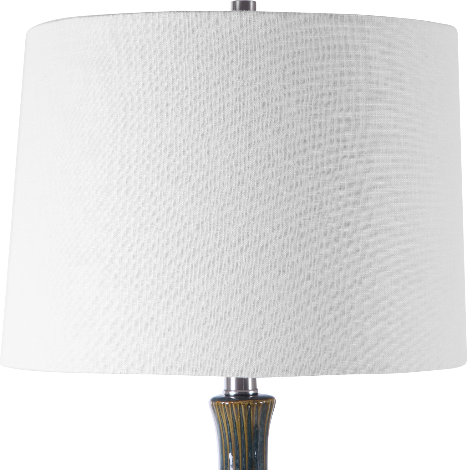 clear glass globe Uttermost Mid-Century Table Lamp Mid-century Inspired Table Lamp Has A Fluted Ceramic Base With Noticeable Ribbed Texture And Is Finished In A Cream, Light Blue, Indigo, And Dark Brown Ombre Glaze With Brushed Nickel Plated Accents.