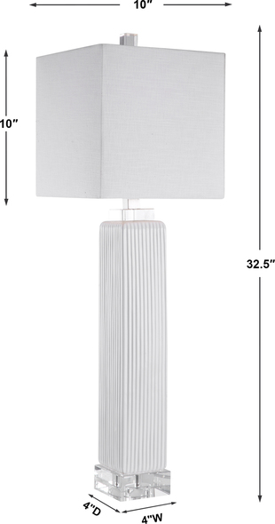 clear glass light shades Uttermost White Buffet Lamp Showcasing A Refined Transitional Style, This Buffet Lamp Can Be Easily Placed With Its Square Ribbed Base Finished In A Gloss White Glaze, Paired With Thick Crystal Details And Brushed Nickel Accents.