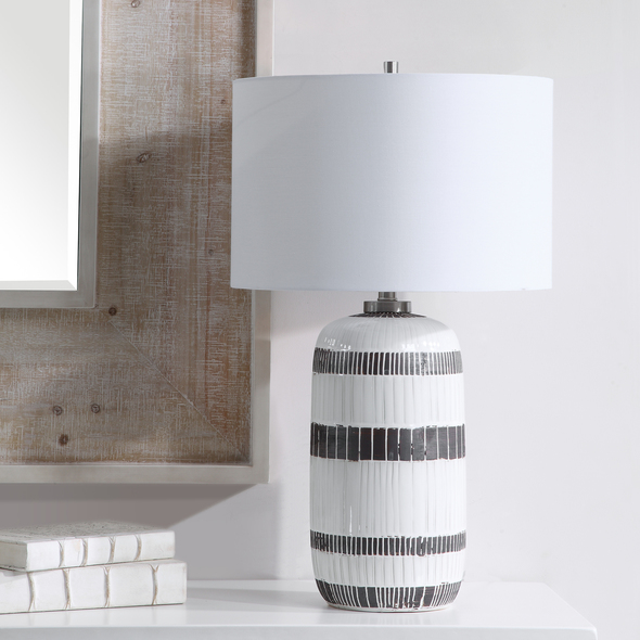 Uttermost Striped Table Lamp Table Lamps Add A Touch Of Lodge Style To Your Space With This Ceramic Table Lamp. The Base Features Vertical Embossed Texture Finished In An Aged White Glaze With Dark, Chocolate Brown Details, Accented With Brushed Nickel Details.