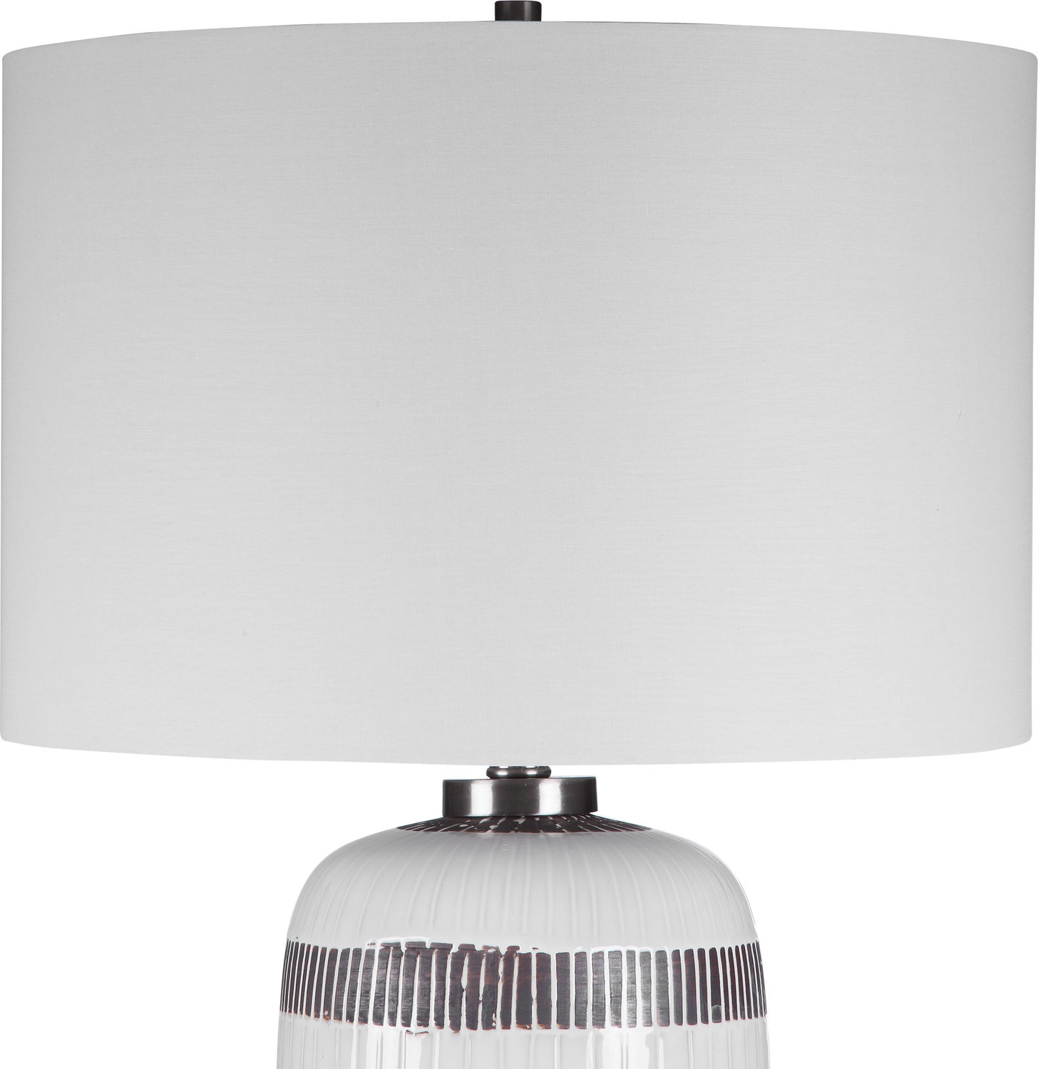 Uttermost Striped Table Lamp Table Lamps Add A Touch Of Lodge Style To Your Space With This Ceramic Table Lamp. The Base Features Vertical Embossed Texture Finished In An Aged White Glaze With Dark, Chocolate Brown Details, Accented With Brushed Nickel Details.