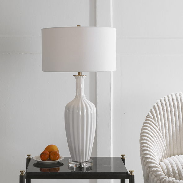 tiffany style lamp Uttermost White Ceramic Table Lamp Displaying A Traditional Elegance, This Table Lamp Features A Fluted Ceramic Base In A Gloss White Glaze With Brushed Brass Plated Details And A Thick Crystal Foot.