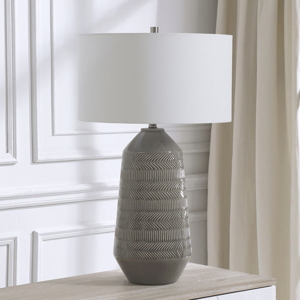 lamp on desk Uttermost Gray Table Lamp Showcasing A Classic Carved Herringbone Pattern, This Ceramic Table Lamp Is Finished In A Versatile Soft Gray Glaze With Brushed Nickel Accents.