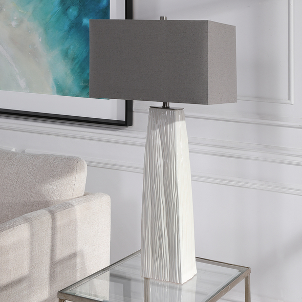 glass standing lamp Uttermost White Table Lamp Elegant And Versatile, This Table Lamp Features A Gloss White Ceramic Base Featuring Organic Hand Carved Details And Brushed Nickel Accents.