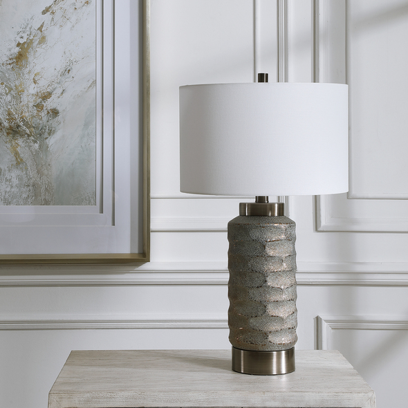 Uttermost Ceramic Table Lamp Table Lamps Showcasing A Uniquely Carved Base, This Ceramic Table Lamp Features A Metallic Dark Gold Finish Washed With A Textured Gray Glaze, Accented With Antique Nickel Plated Details.