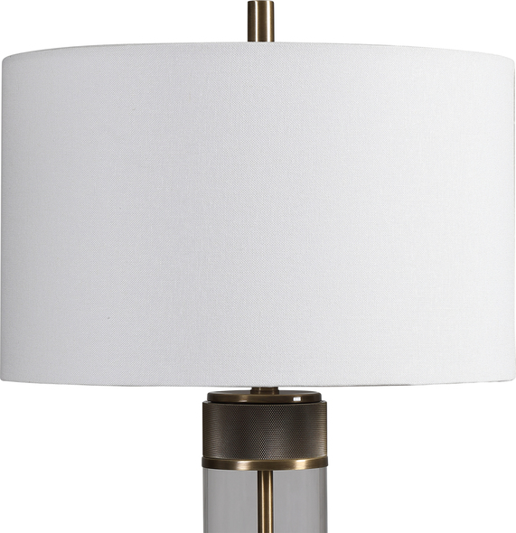 table and lamp Uttermost Industrial Table Lamp Showcasing A Clean Transitional Look, This Table Lamp Features A Clear Glass Base Accented With Antiqued Brass Plated, Heavy Textured Iron Details For A Soft Industrial Feel.
