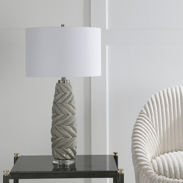  Uttermost Light Gray Table Lamp Table Lamps Transitional In Design, This Ceramic Table Lamp Features A Dimensional Base With A Unique Herringbone Design. The Piece Is Finished In A Light Gray Glaze With Subtle Ivory Rub-through. Brushed Nickel And Crystal Details Accent The Piece.