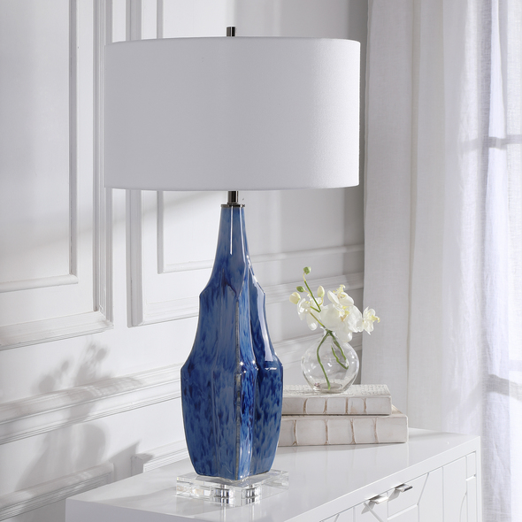 table table lamp Uttermost Blue Table Lamp This Ceramic Table Lamp Is Finished In A Beautiful Reactive Indigo Blue Glaze, Accented By Elegant, Polished Nickel And Crystal Details.