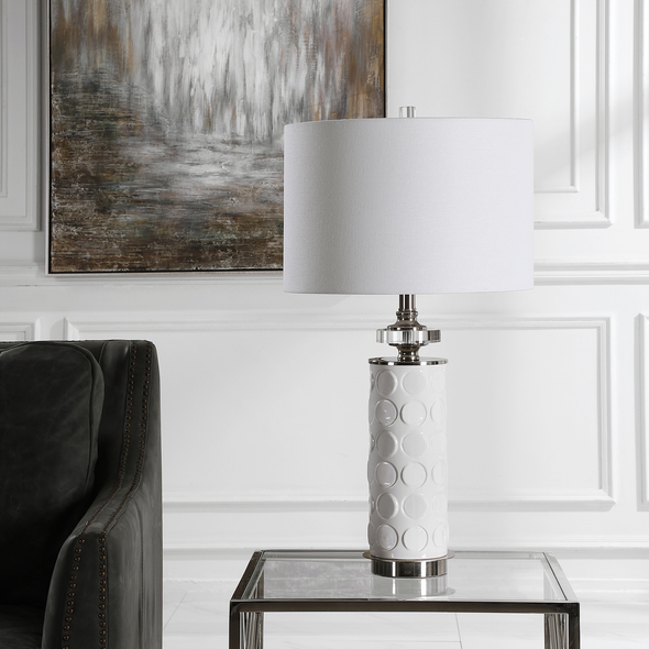 nice table lamps Uttermost White Table Lamp A Unique Play On Updated Traditional Style, This Ceramic Table Lamp Features Dimensional Circle Motifs Embossed Into The White Ceramic Base. Polished Nickel Plated Iron Details And Crystal Accents Lend An Elegant Look To The Design.