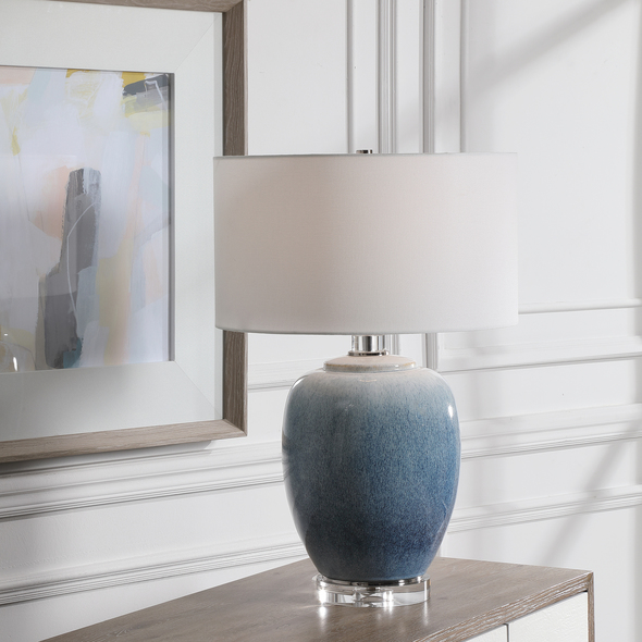 led light bedside table Uttermost Blue Ceramic Table Lamp Ceramic Table Lamp Showcases Vibrant Shades Of Cobalt And Aqua That Transition Into A Subtle Ombre Toned Light Blue. Polished Nickel Details And Crystal Accents Create An Elegant And Sophisticated Look.