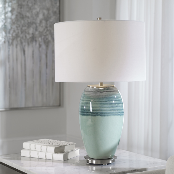 feather bedside lamp Uttermost Teal Table Lamp This Ceramic Table Lamp Is Finished In A Beautiful Aqua And Teal Crackle Glaze Paired With Brushed Nickel Plated Accents That Add An Elegant Touch To The Piece.