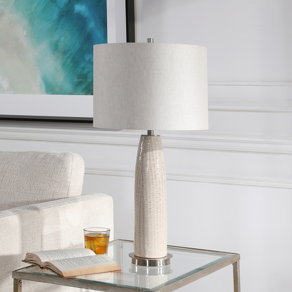 modern office lamp Uttermost Light Gray Table Lamp This Ceramic Base Keeps It Simple, Yet Upscale With A Fashionable Pattern Finished In A Distressed Light Gray Glaze, Paired With Brushed Nickel Plated Accents. The Hardback Drum Shade Is Light Gray Linen Fabric.