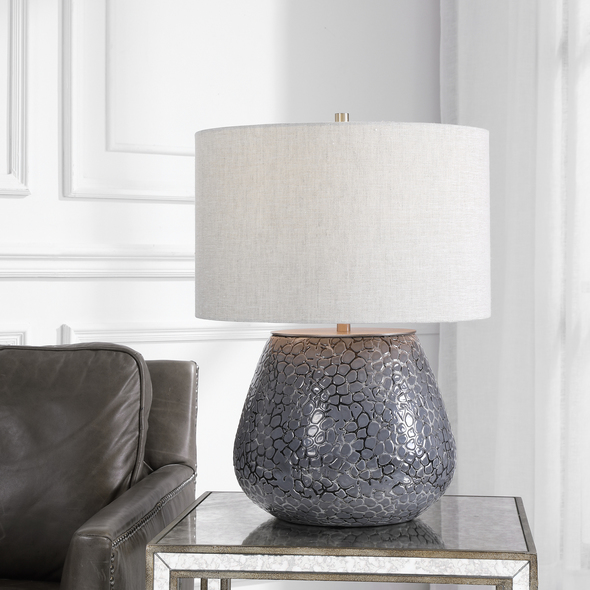 led office lamp Uttermost Metallic Gray Table Lamp Reminiscent Of Natural River Stones, This Table Lamp Showcases An Embossed Textured Ceramic Base In A Metallic Charcoal Gray Finish With Brushed Nickel Plated Details.