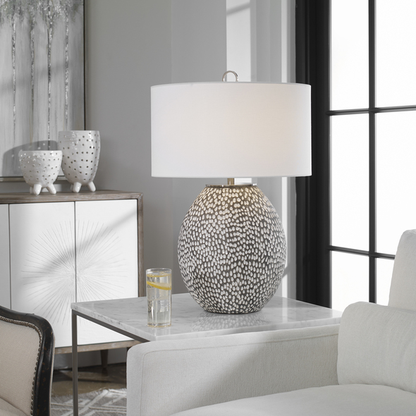 art nouveau table lamp Uttermost Gray White Table Lamp This Ceramic Table Lamp Features A Heavily Pitted Surface, Finished In A Combination Of Brushed Rustic Gray And Crackled Gloss White Glaze, Paired With Brushed Nickel Plated Iron Details.