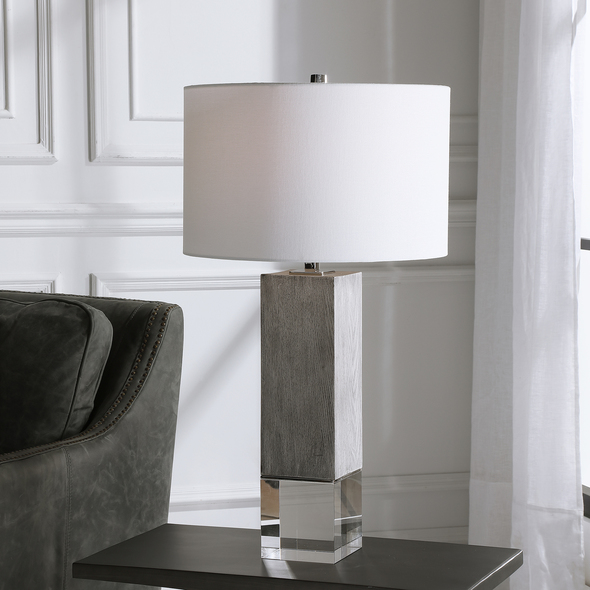 small grey lampshade for table lamp Uttermost Modern Lodge Table Lamp Inspired By Modern Lodge Style, This Table Lamp Features A Light Gray Oak Look, Accented By Polished Nickel Plated Details And A Crystal Foot That Elevate The Sophisticated Design.