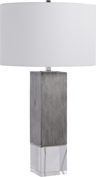 small grey lampshade for table lamp Uttermost Modern Lodge Table Lamp Inspired By Modern Lodge Style, This Table Lamp Features A Light Gray Oak Look, Accented By Polished Nickel Plated Details And A Crystal Foot That Elevate The Sophisticated Design.