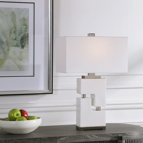 base lamp Uttermost White Table Lamp Exhibiting A Clean And Contemporary Look, This Ceramic Table Lamp Features Stacked Geometric Shapes Finished In A Gloss White Glaze Accented By Polished Nickel Plated Iron Details.
