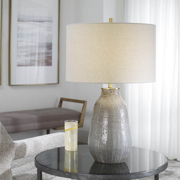 Uttermost Gray Textured Table Lamp Table Lamps Exhibiting A Handcrafted Look, This Ceramic Table Lamp Features A Textured Finish Reminiscent Of Woven Fabric And Is Finished In Various Shades Of Neutral Grays And Taupe With Rust Brown Accents And Antique Brushed Brass Hardware.