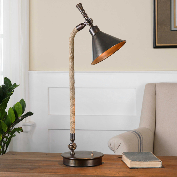 large brass table lamp Uttermost Task Lamps Metal Base Finished In A Plated Oxidized Bronze Accented With A Wrapped Tea-stained Rope Around The Neck. Base Arm And Shade Pivots Up And Down.