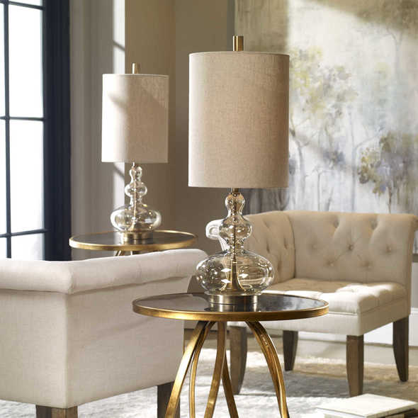 small led desk lamp Uttermost Amber Glass Table Lamps Curvaceous, Light Amber Glass, Accented With Antique Brass Plated Steel Details.