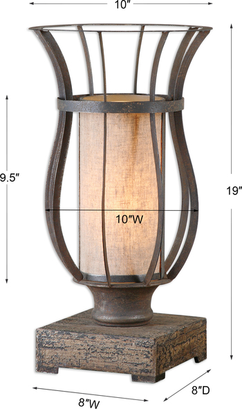 Uttermost Bronze Accent Lamps Table Lamps Rustic Bronze Metal Cage With An Oatmeal Linen Inner Shade And A Distressed Wood Foot. NA