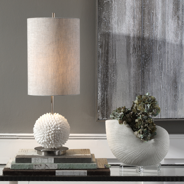 small shades Uttermost Sea Shells Lamp This Decorative Sphere Is Handcrafted With Faux Seashells, Accented With Brushed Nickel Plated Details.