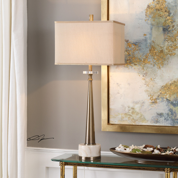 best led lights for desk Uttermost Tapered Brass Table Lamp This Tapered Steel Base Is Finished In A Plated Antiqued Brass, Paired With An Ivory Marble Foot With Brown Veining And A Crystal Accent.