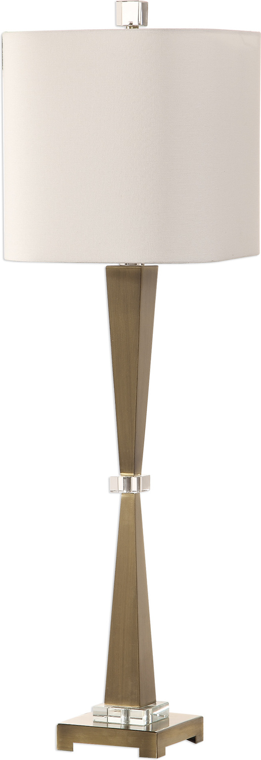 Uttermost Antiqued Brushed Nickel Lamp Table Lamps This Sleek Design Features Tapered Steel Columns, Finished In Plated, Lightly Antiqued Brushed Brass, Accented With Thick Crystal Details.