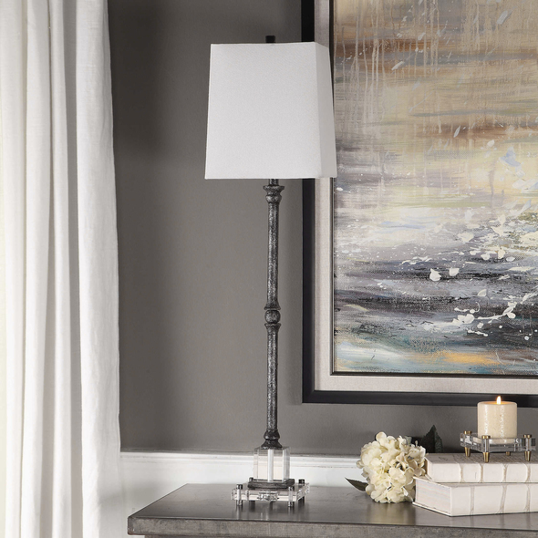 small nightstand lamps Uttermost Aged Black Buffet Lamp This Updated Look On A Classic Design Features A Decorative Column, Finished In A Heavily Textured Aged Black With Subtle Silver Highlights, Displayed On A Thick Crystal Foot.