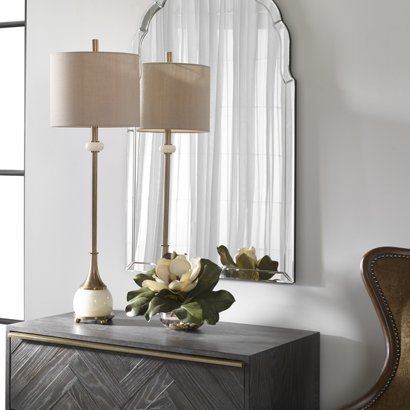 Uttermost Natania Plated Brass Buffet Lamp Table Lamps This Buffet Lamp Features A Delicate Design With Traditional Elements That Showcase Polished White Marble Details, Paired With Antique Brass Plated Accents.