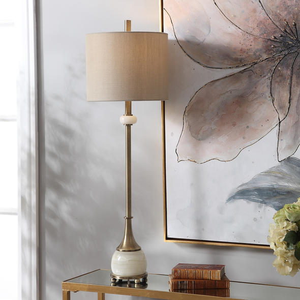 Uttermost Natania Plated Brass Buffet Lamp Table Lamps This Buffet Lamp Features A Delicate Design With Traditional Elements That Showcase Polished White Marble Details, Paired With Antique Brass Plated Accents.