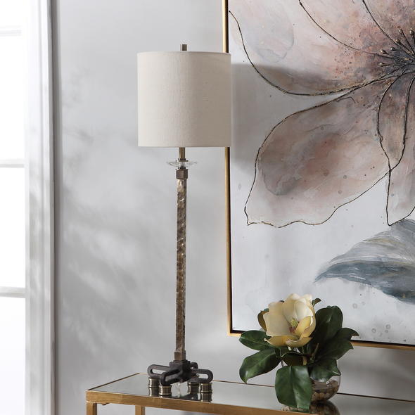 tiffany style desk lamp Uttermost Parnell Industrial Buffet Lamp This Buffet Lamp Has A Rustic Industrial Feel Featuring A Hammered Steel Base With A Heavily Antiqued Brass Plated Finish, Paired With A Rust Black Foot With Crystal Accent.