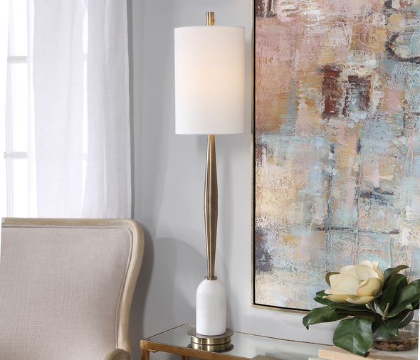 Uttermost Minette Mid-Century Buffet Lamp Table Lamps Transitional In Design, This Buffet Lamp Has A Tapered Base Finished In A Plated Antique Brass, Accented With A Polished White Marble Detail.