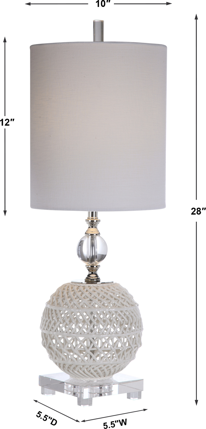 Uttermost Open Ceramic Buffet Lamp Table Lamps This Versatile Buffet Lamp Showcases An Open Ceramic Basket Weave Design In A Gloss White Glaze With Elegant Thick Crystal Details And Polished Nickel Accents.