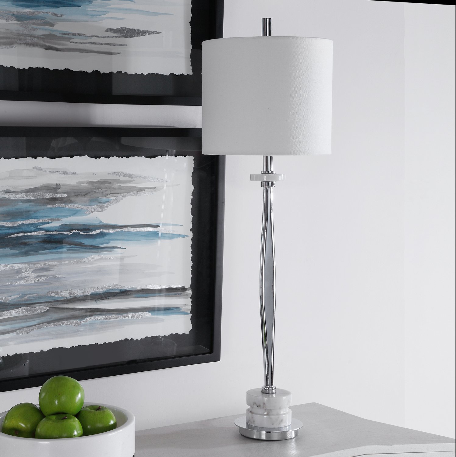 Uttermost Chrome Buffet Lamp Table Lamps This Buffet Lamp Features A Clean, Modern Look With A Chrome Plated Iron Base Paired With Polished White Marble Details With Light Gray Veining.