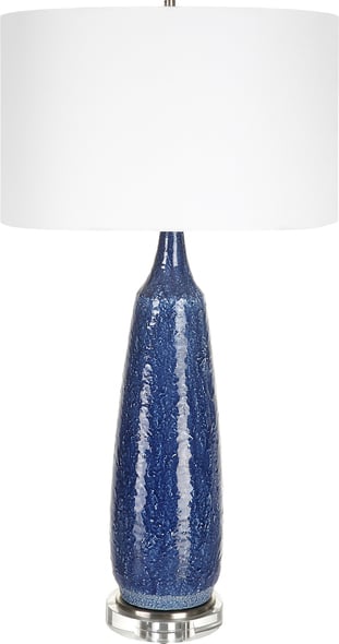 Uttermost Cobalt Blue Table Lamp Table Lamps Finished In A Distressed Deep Cobalt Blue Glaze With Subtle White Undertones, This Table Lamp Features A Textured Ceramic Base With Iron Details Finished In Brushed Nickel Displayed On An Elegant Crystal Foot.
