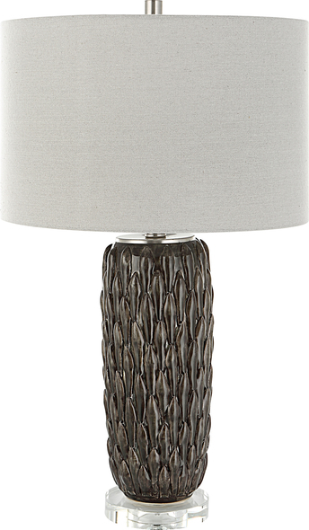 Uttermost Textured Table Lamp Table Lamps This Ceramic Table Lamp Features A Deep Mushroom Gray Glaze Over Carved Details, Accented With Polished Nickel Plated Details And An Elegant Crystal Foot.