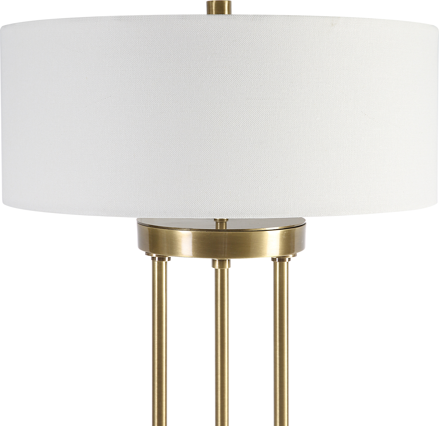 white globe bulb Uttermost Brass Rod Table Lamp Sophisticated And Timeless, This Table Lamp Showcases An Updated Traditional Feel With Solid Iron Rods Finished In Plated Antique Brass And An Elegant Crystal Foot. An Off-white Drum Shade Completes This Look.